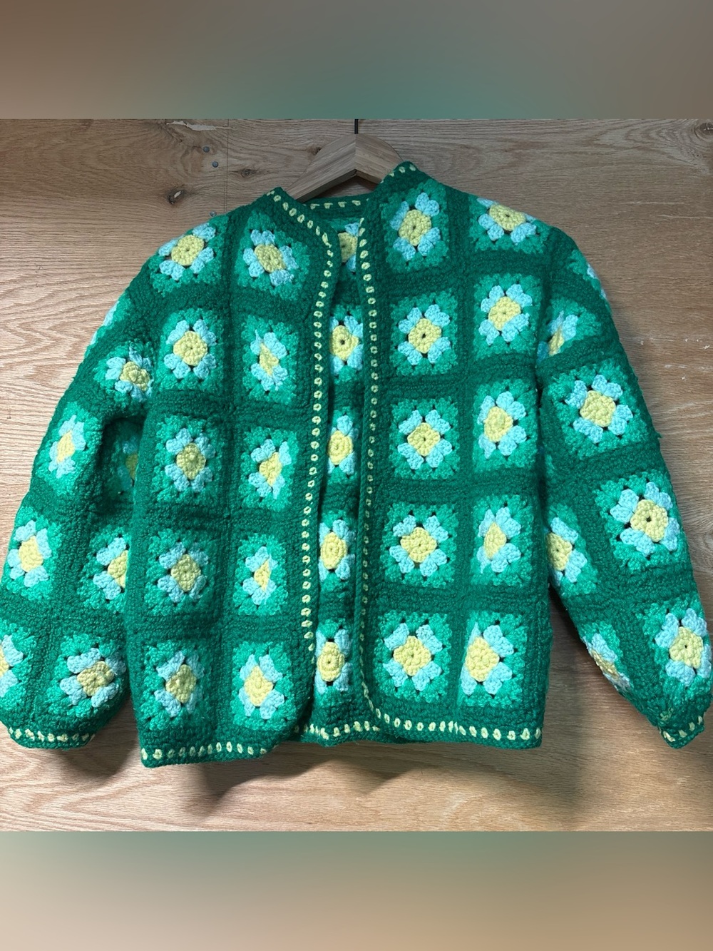 Vintage Handmade Crochet Granny Square Jacket in Green & Yellow